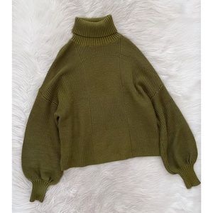 STAUD Green Rubbed Check Knit Balloon Sleeve Turtleneck Benny Sweater